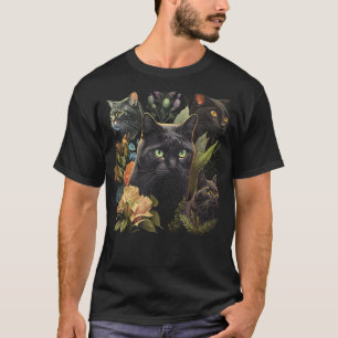 Camiseta Tipos de Gatos Pretos Retratos De Arte Floral Pet 