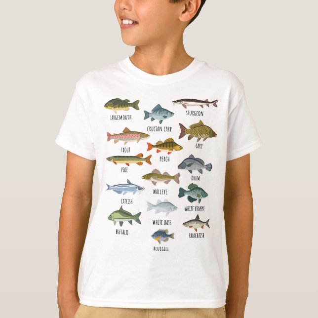 Camiseta Tipos De Pesca De Peixes Águas frescas (Frente)
