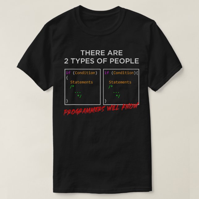 Camiseta Tipos de programação do Pessoas Programmer Codific (Frente do Design)