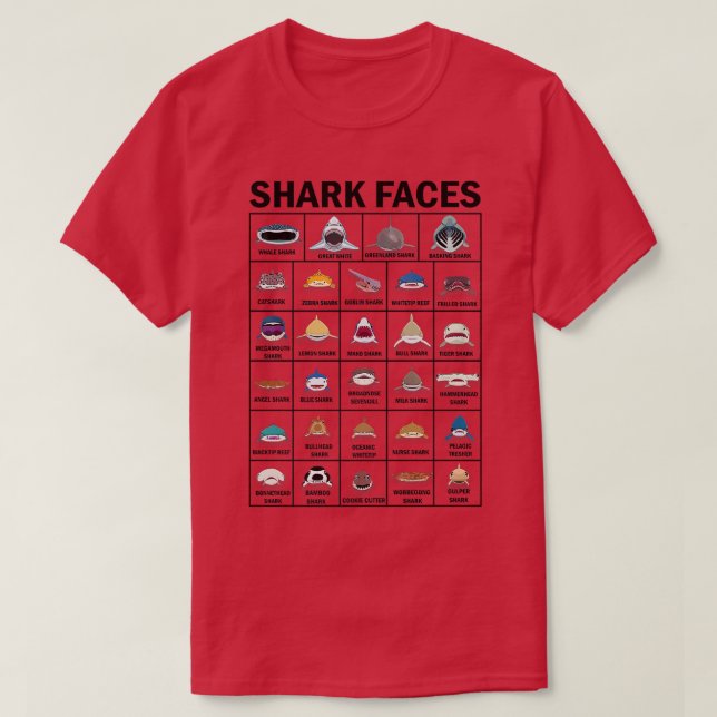 Camiseta Tipos De Rostos De Tubarão (Frente do Design)