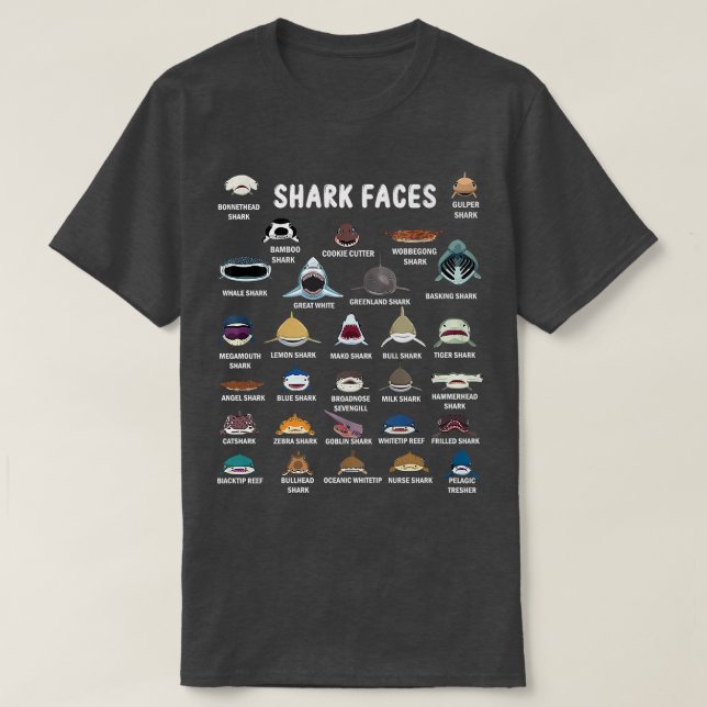Camiseta Tipos De Rostos De Tubarão (Frente do Design)