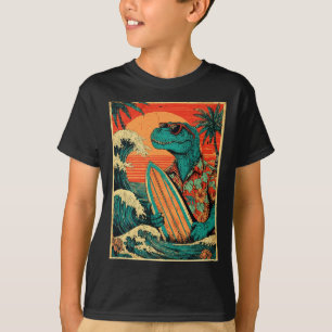 Camiseta Tirano T-Rex de Surf Retro Verão Havaiano Dinossau