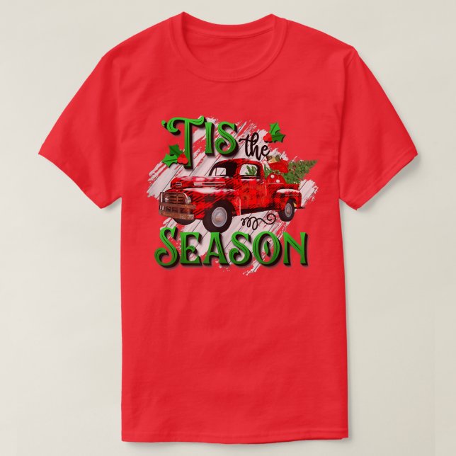 Camiseta Tis The Season Red Plaid Retro Truck Christmas Xma (Frente do Design)