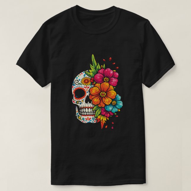 Camiseta Título: Crânio Floral do Día de los Muertos (Frente do Design)