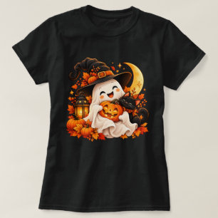 Camiseta Título Fantasma de Halloween Adorável Gato Preto A