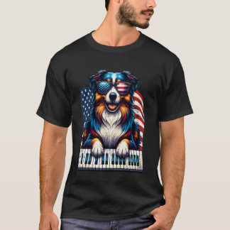 Camiseta Toca Piano Australian Shepherd Patriótico Bandeira