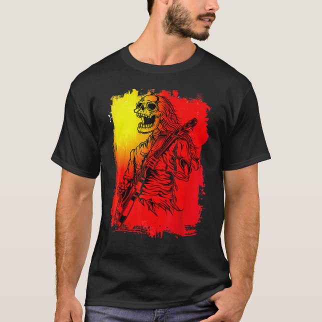 Camiseta Toca violão esqueleto do mal goth crânio Halloween (Frente)