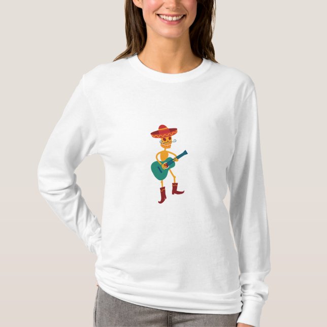 Camiseta Toca violão esqueleto festivo (Frente)