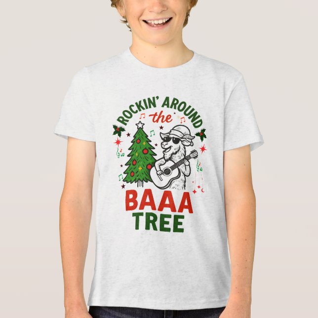 Camiseta Tocando em volta da árvore com um bode de Natal de (Frente)