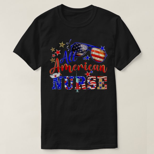 Camiseta Toda Enfermeira Americana 4 de julho Patriótica Am (Frente do Design)