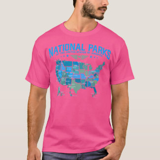 Camiseta Todos os Parques Nacionais dos EUA mapeiam acampam