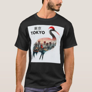 Camiseta Tokyo Japan Red Crowned Crane em dupla exposição