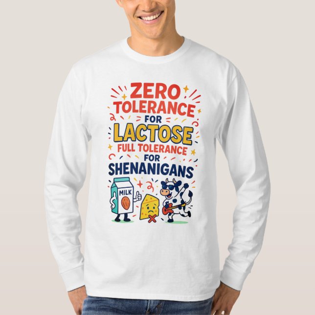 Camiseta Tolerância Zero para Lactose Engraçado (Frente)