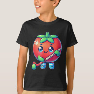 Camiseta Tomate Fofo Jogando Hóquei em Campo Cartoon 
