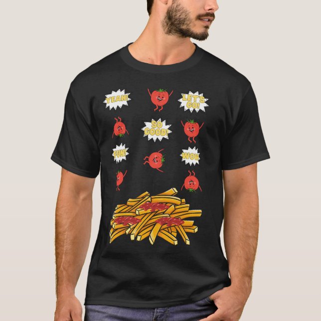 Camiseta tomate saltando para batatas fritas, desenho anima (Frente)