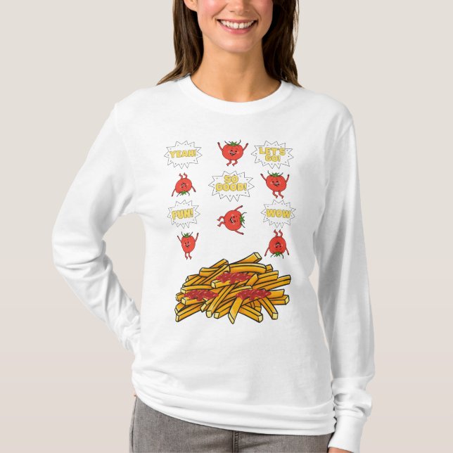 Camiseta tomate saltando para batatas fritas, desenho anima (Frente)