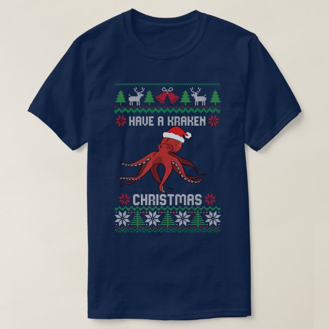 Camiseta Tome Um Octopus Cracado Com Santa Hat Ugly Christm (Frente do Design)