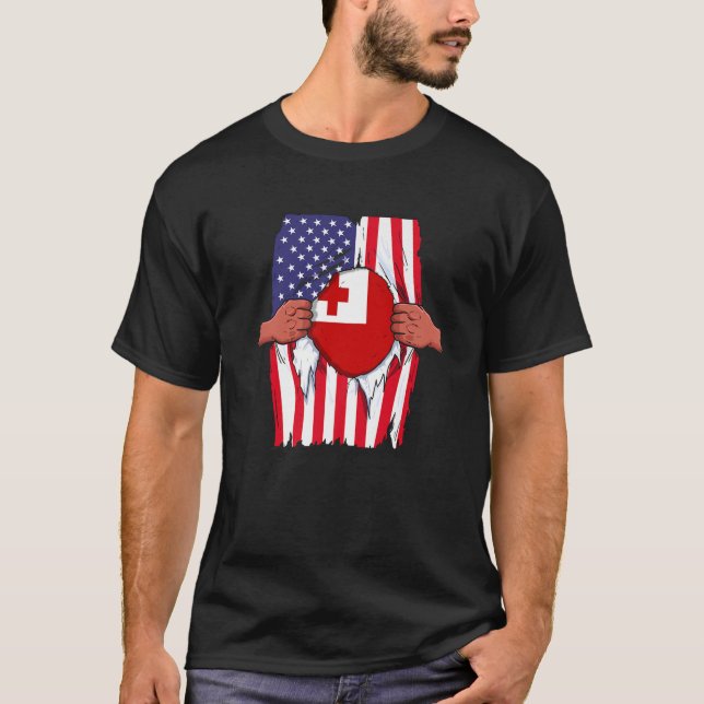 Camiseta Tonga Flag Sangue Dentro Me Orgulho Doméstico Tong (Frente)