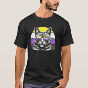 Camiseta Tons de Gato Orgulho Não Binário Pôr do Sol Retro