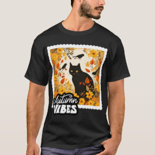 Camiseta Tons de Outono Gato Preto Girassóis e Pássaros de