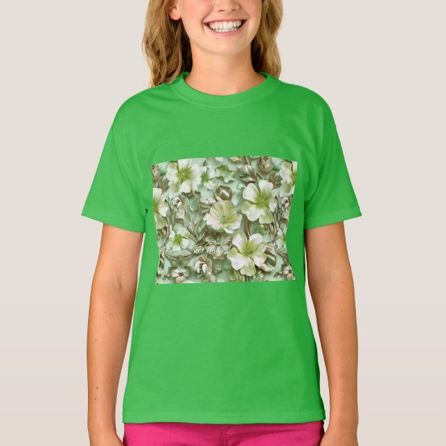 Camiseta Tons verdes, Padrão Floral (Frente)
