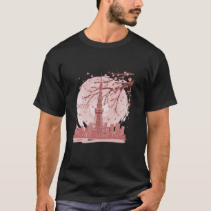 Camiseta Torre de Tóquio com Skyline e Desig de Blossomas d