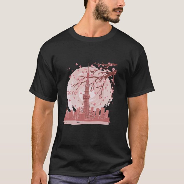 Camiseta Torre de Tóquio com Skyline e Desig de Blossomas d (Frente)