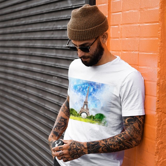 Camiseta Torre Eiffel Aquarela Arte de Impressão da Silhuet (Eiffel Tower Watercolor Paris Skyline Art Print. Men Basic White T-Shirt)