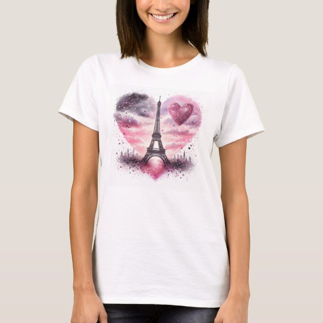 Camiseta Torre Eiffel de Aquarela com Moda de Corações (Frente)