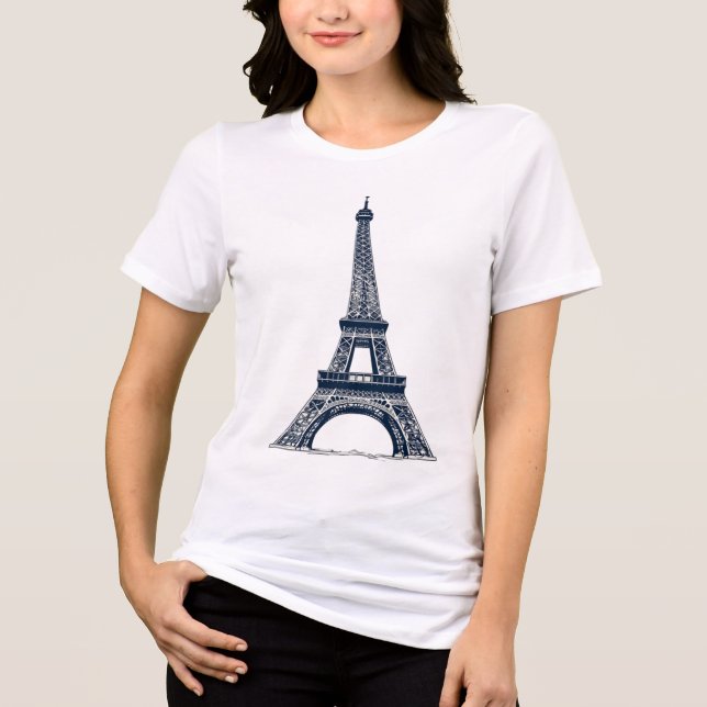 Camiseta Torre Eiffel Esboço Azul Naval Elegante - Minimali (Frente)