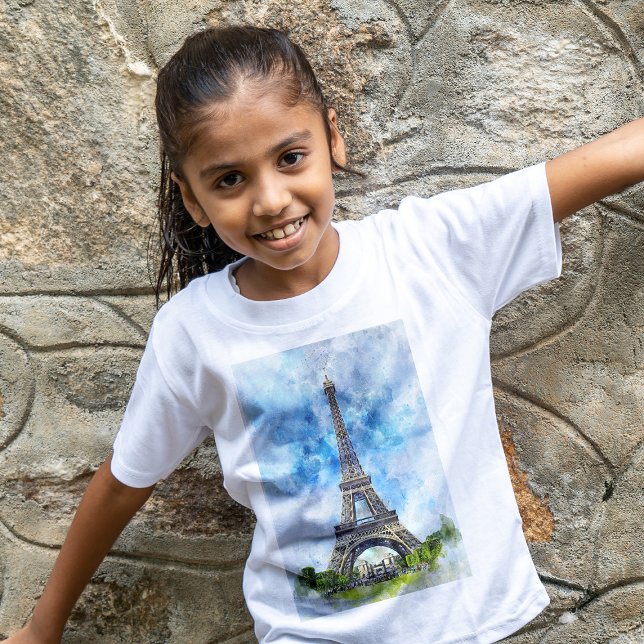 Camiseta Torre Eiffel Paris França Aquarela (Paris France Eiffel Tower Watercolor. Girl Basic White T-Shirt)