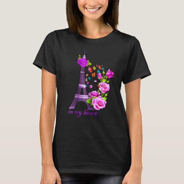 Camiseta Torre Eiffel Paris Rosa Flores E Borboletas (Frente)