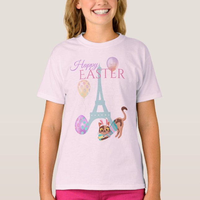 Camiseta Torre Eiffel páscoa e Balões de Pastel Gato (Frente)