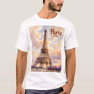 Camiseta Torre Eiffel Pôr do Sol Viagem Aquarela Texto Pers