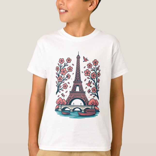 Camiseta Torre Eiffel, Torre de Souvenir, Paris, Árvore Cer (Frente)