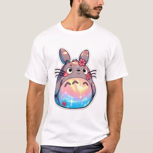 Camiseta Totoro com Barriga de Arco-íris e Flores Fofo Capr (Frente)