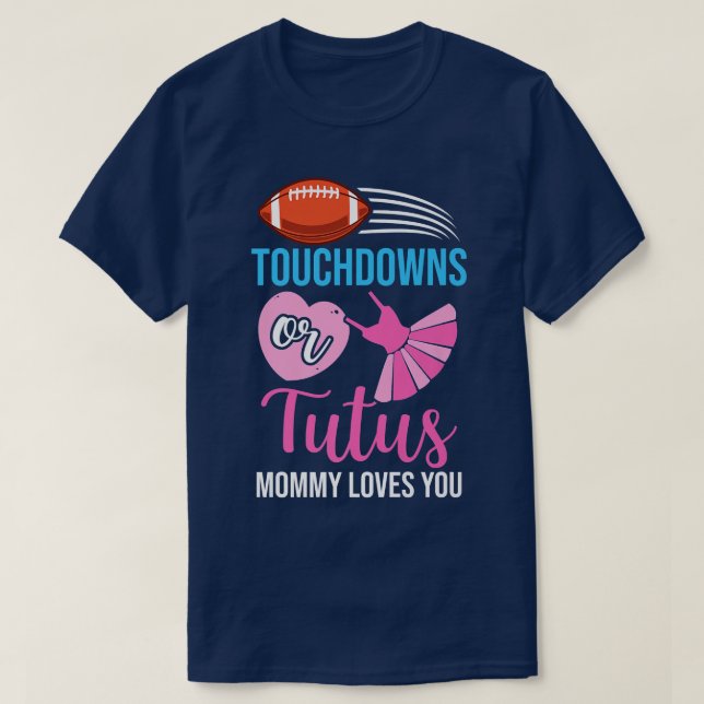 Camiseta Touchdowns ou Tutus Gênero Revelam Festa de Bebê A (Frente do Design)