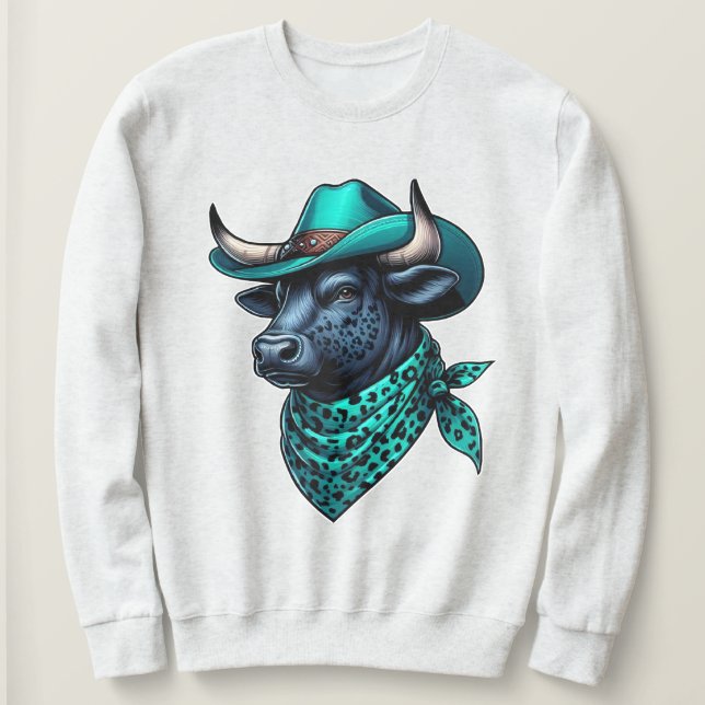 Camiseta Touro De Cowboy Com Chapéu De Turquesa e Patterno (Frente do Design)