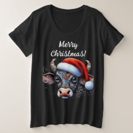 Camiseta Touro de Vaca de Natal com Santa Hat Arte Foliar M