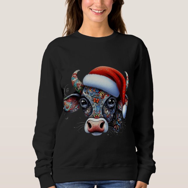 Camiseta Touro de Vaca de Natal com Santa Hat Arte Foliar M (Frente)