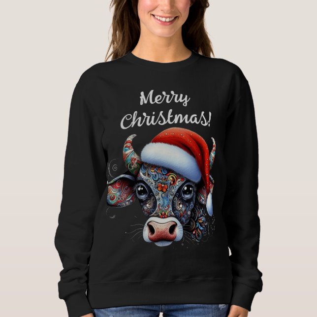 Camiseta Touro de Vaca de Natal com Santa Hat Arte Foliar M (Frente)