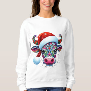 Camiseta Touro de Vaca de Natal com Santa Hat Arte Foliar M