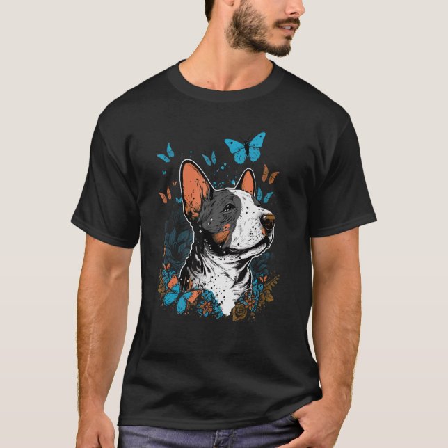 Camiseta Touro Feliz Terrier com Flores e Borboletas 1 (Frente)