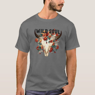 Camiseta Touro Floral Touro Crânio Selvagem Hippie Ocident