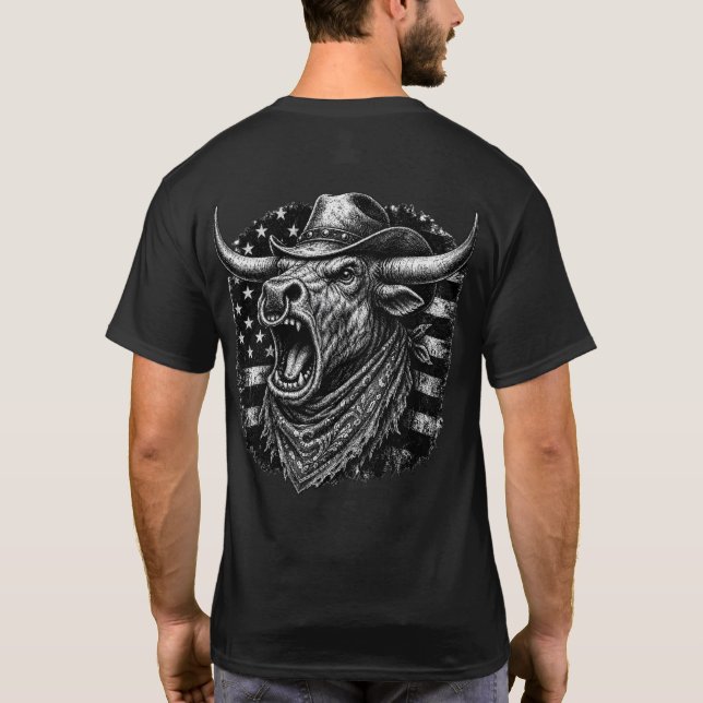 Camiseta Touro longhorn Cowboy Rugindo com a Bandeira Ameri (Verso)