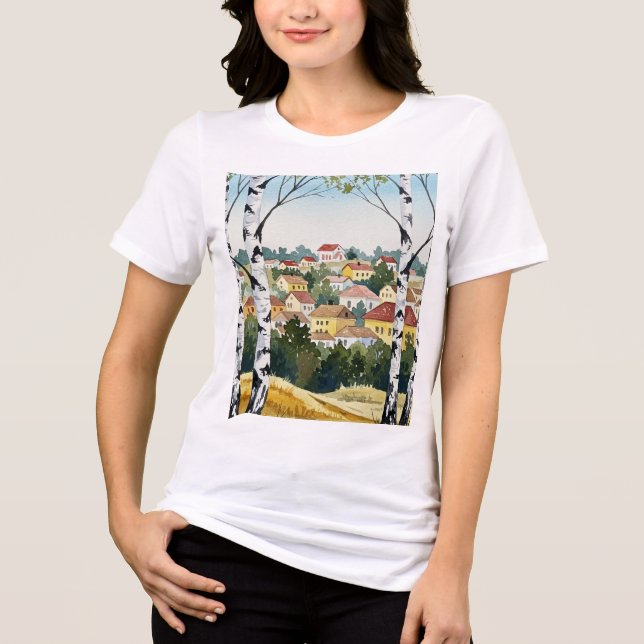 Camiseta Town on a hill seen through birch trees (Frente)