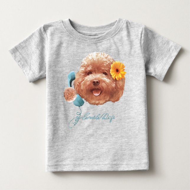 Camiseta Toy Poodle com Flor e Ilustração de Telefone (Frente)