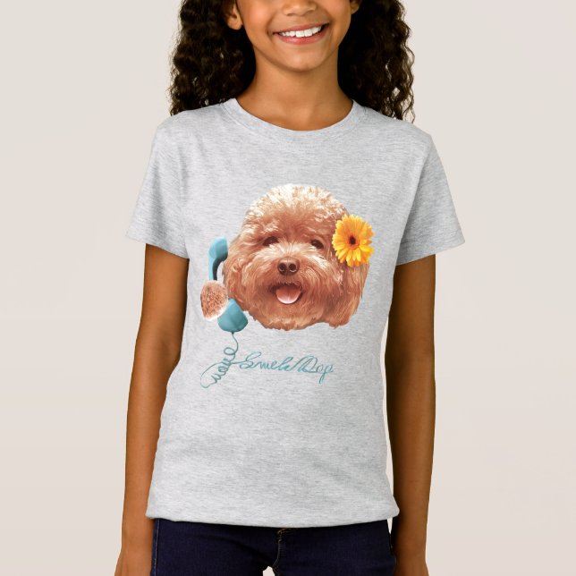 Camiseta Toy Poodle com Flor e Ilustração de Telefone (Frente)