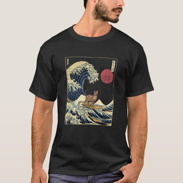 Camiseta Toyger Cat Kanagawa Wave Surf Engraçado (Frente)