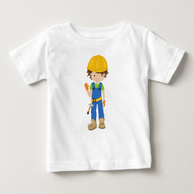 Camiseta Trabalhador de Construção, Cabelo Castanho, Garoto (Frente)